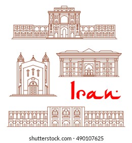 Iran vector thin line icons of Ali Qapu Palace, Saint Sarkis Cathedral, Chehel Sotoun, Si-o-seh pol bridge. Historic architecture buildings, landmarks sightseeings, showplaces symbols