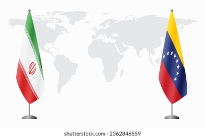 Iran and Venezuela flags for official meeting against background of world map.