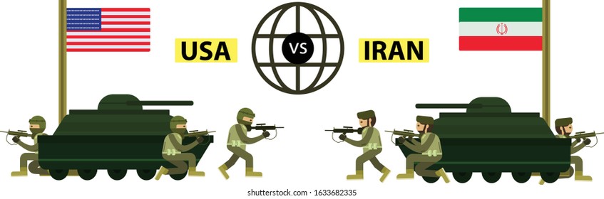 Iran versus USA war vector concept with infantries and tanks shooting each other, isolated in white background with versus and globe symbol