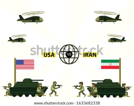 Iran versus USA war vector concept with soldiers utilized by choppers and tanks shooting each other, isolated in white background with versus and globe symbol