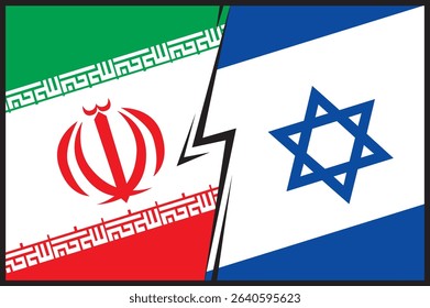 Iran Vs Israel On going Conflict Representation with Both Country Flags and Crack in Center. Modern Political and war concept backdrop
