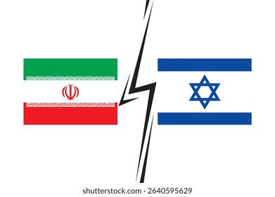Iran Vs Israel On going Conflict Representation with Both Country Flags and Crack in Center. Modern Political and war concept backdrop