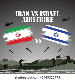 Irán vs Israel Vector de guerra ilustración gráfica Plantilla. Concepto de guerra de Israel contra Irán. Silueta de arte en blanco y negro con iconos de equipamiento militar. Archivo EPS.