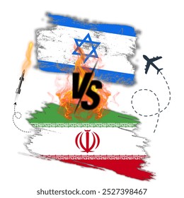 Iran vs Israel war conflict vector graphics illustration template. Israel vs Iran war concept. Aeroplane Silhouette black and white art with army equipment icons. EPS File.