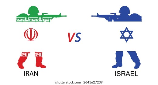 Iran vs Israel war. Islamic republic of Iran and Israel solider concept flags. Vector illustration of Muslims and Jews war concept.    