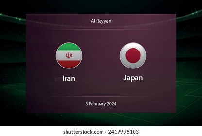 Iran vs Japan. knockout stage Asia 2023, Soccer scoreboard broadcast graphic template