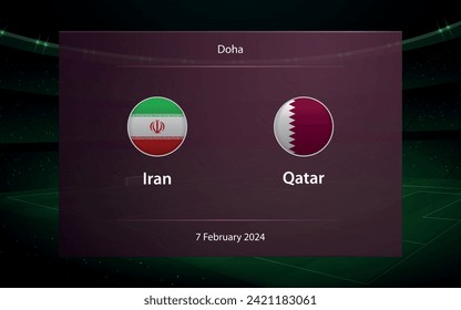 Irán vs Qatar. knockout Fase semifinal Asia 2023, plantilla de gráficos de difusión del marcador de fútbol