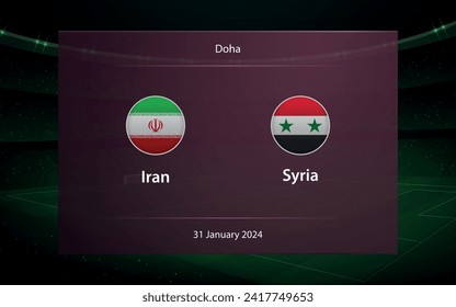 Irán vs Siria. estadio de knockout Asia 2023, plantilla de gráfico de difusión de marcador de fútbol