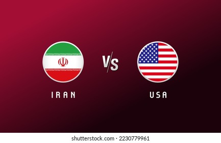 emblema de la ronda de la bandera de Irán vs Estados Unidos. Fondo de la portada de fútbol con el logo de las banderas nacionales de Irán y Estados Unidos. Vector deportivo Ilustración para el diseño del torneo o calendario de competición
