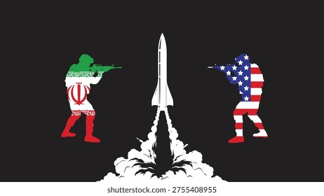 Iran vs usa tensions escalate with forces clash over rocket. Suitable for news articles, social media posts, and political blog graphics.