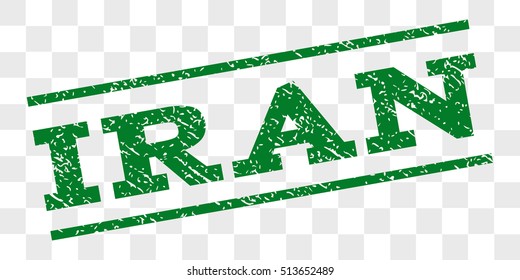 Iran watermark stamp. Text caption between parallel lines with grunge design style. Rubber seal stamp with unclean texture. Vector green color ink imprint on a chess transparent background.