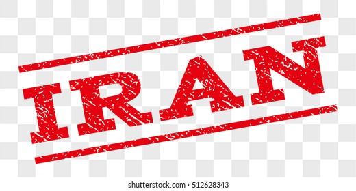 Iran watermark stamp. Text tag between parallel lines with grunge design style. Rubber seal stamp with scratched texture. Vector red color ink imprint on a chess transparent background.