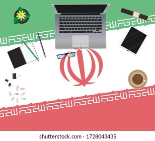Iran work from home top view. Stay at home with self quarantine to help stop outbreak and protect Covid-19 spread.