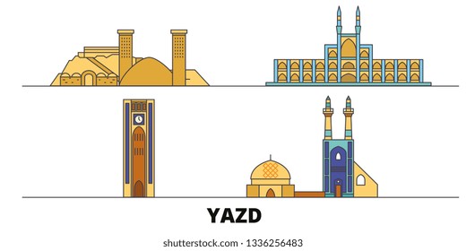 Iran, Yazd flat landmarks vector illustration. Iran, Yazd line city with famous travel sights, skyline, design. 