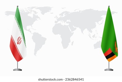 Iran and Zambia flags for official meeting against background of world map.