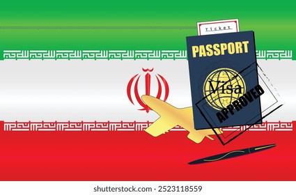 Irani Travel Documentation Concept with blue Passport and Iran Flag. Approved Stamp. Airplane and Travel Tickets. Ideal for Immigration Tourism and Traveling Themes. Vector EPS available