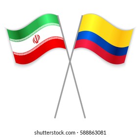 Iranian and Colombian crossed flags. Iran combined with Colombia isolated on white. Language learning, international business or travel concept.