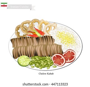 Iranian Cuisine, Chelow Kabab or Traditional Barbecue with Steamed Saffroned Basmati and Vegetables. The National Dish of Iran.