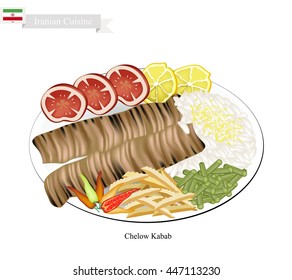 Iranian Cuisine, Illustration of Chelow Kabab or Traditional Barbecue with Steamed Saffroned Basmati and Vegetables. The National Dish of Iran.