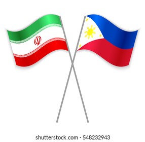 Iranian and Filipino crossed flags. Iran combined with Philippines isolated on white. Language learning, international business or travel concept.