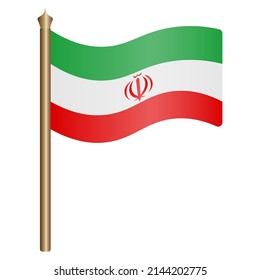 Iranian flag. Color vector illustration. The fabric is decorated with the state emblem of the Islamic Republic of Iran. The national symbol of the state develops in the wind. Political themes. 