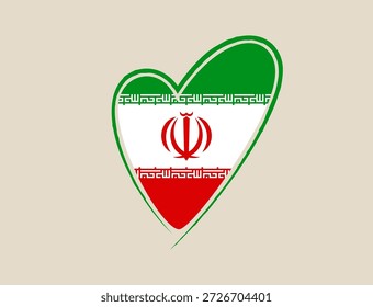 Iranian flag inside a stylized heart shape vector illustration representing national pride, patriotism, and love for Iran..