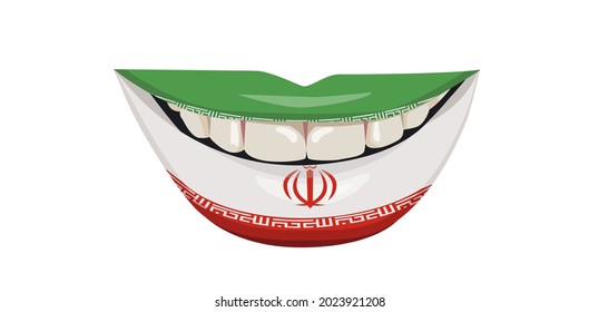 The Iranian flag on the lips. A woman's smile with white teeth. Vector illustration.