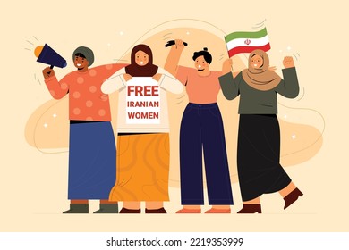 Iranian Flag With Women Illustration. Banner For Demonstration In Iran, Iranian Women Protest Banner. Slogan 