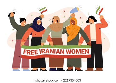 Iranian Flag With Women Illustration. Banner For Demonstration In Iran, Iranian Women Protest Banner. Slogan 