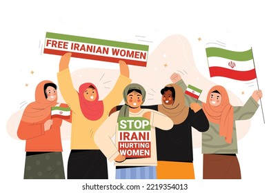 Iranian Flag With Women Illustration. Banner For Demonstration In Iran, Iranian Women Protest Banner. Slogan 