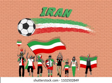 Iranian football fans cheering with Iran flag colors in front of soccer ball graffiti. All the objects are in different layers and the text types do not need any font. 