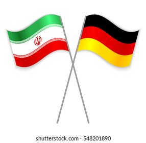 Iranian and German crossed flags. Iran combined with Germany isolated on white. Language learning, international business or travel concept.
