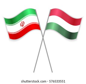 Iranian and Hungarian crossed flags. Iran combined with Hungary isolated on white. Language learning, international business or travel concept.