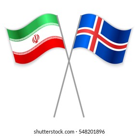 Iranian and Icelandic crossed flags. Iran combined with Iceland isolated on white. Language learning, international business or travel concept.