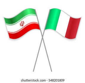 Iranian and Italian crossed flags. Iran combined with Italy isolated on white. Language learning, international business or travel concept.