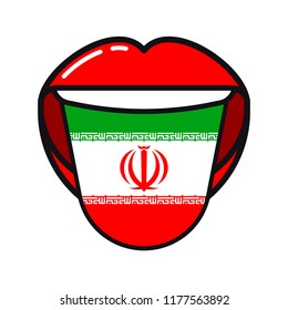 Iranian language tongue with flag Iran open woman smile mouth flat icon