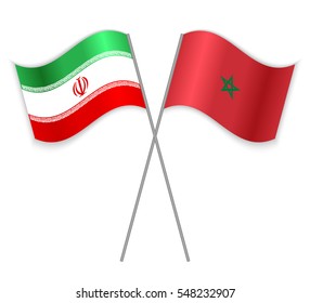 Iranian and Moroccan crossed flags. Iran combined with Morocco isolated on white. Language learning, international business or travel concept.