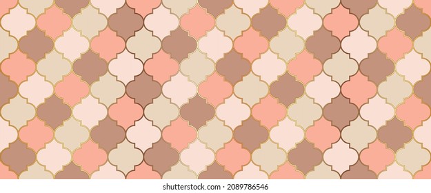 Iranian Mosque Window Motif. Moroccan Seamless Mosaic Pattern. Moroccan Seamless Design Traditional Ramadan Golden Mosque Shape. Ramadan Kareem Islamic Decoration. Eid Mubarak Muslim Background.