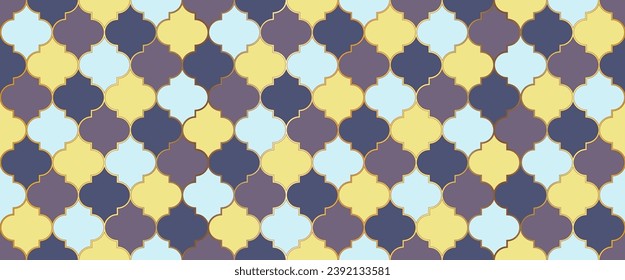 Mosque Iraní Ventana Tile. El diseño marroquí sin foco Eid Mubarak Islam Fondo. Decoración musulmana de Ramadan Kareem. Cuadrícula tradicional de Mezquita Dorada de Ramadán. Patrón de mosaico sin foco marroquí.