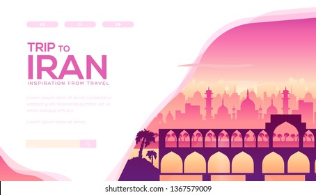 Iranian, Persian landmarks and sightseeing attractions: arcs, mausoleum, towers, mosques, other architecture. Khaju bridge in Isfahan. Vector template for travel to Iran, tourist project. Copy space.