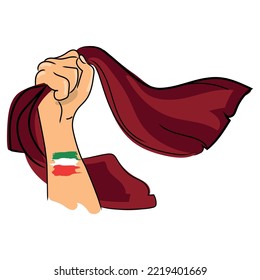 Iranian protest against hijab concept.Woman hand holding airborne hijab with flag of Iran on hand vector poster,banner,sign.Freedom to women in Iran.protest concept.Union, straggle,feminism movement