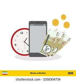 Iranian rial banknote. Time is money concept vector illustration.

