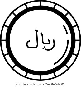 Símbolo monetário Rial Iraniano com Desenho de Moeda. Ilustração minimalista em preto e branco do símbolo da moeda Rial iraniano, projetado dentro de um motivo circular, perfeito para finanças, economia