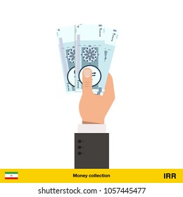 Iranian rial sign icon in hand three banknote art new big best illustration isolated cash

