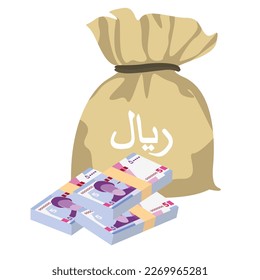 Iranian Rial Vector Illustration. Iran, Afghanistan, Hajj, Syria money set bundle banknotes. Money bag 50000 IRR. Flat style. Isolated on white background. Simple minimal design.