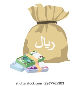 Ilustración del vector de riales iraní. Irán, Afganistán, Hajj, Siria pusieron billetes en paquete. Bolsa de dinero IRR. Estilo plano. Aislado sobre fondo blanco. Diseño sencillo y mínimo.