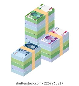 Iranian Rial Vector Illustration. Iran, Afghanistan, Hajj, Syria money set bundle banknotes. Paper money IRR. Flat style. Isolated on white background. Simple minimal design.