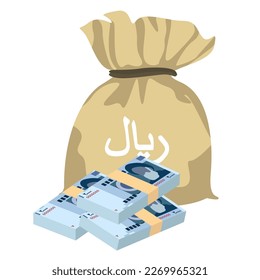 Ilustración del vector de riales iraní. Irán, Afganistán, Hajj, Siria pusieron billetes en paquete. Bolsa de dinero 20000 IRR. Estilo plano. Aislado sobre fondo blanco. Diseño sencillo y mínimo.