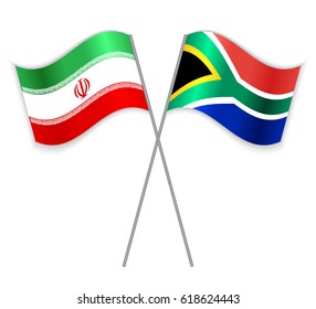 Iranian and South African crossed flags. Iran combined with South Africa isolated on white. Language learning, international business or travel concept.