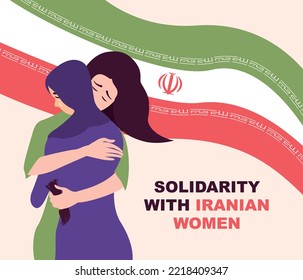 Iranian woman is crying. Women are hugging each other for solidarity. Banner design with national Iranian flag on background. Freedom to women in Iran. Protest concept. Union, straggle and feminism mo